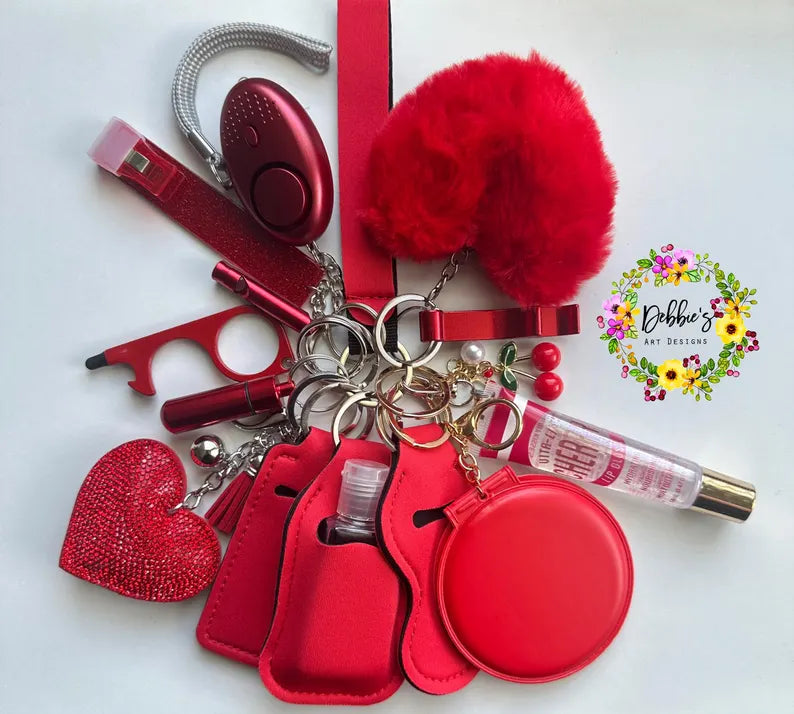 Red cherry Safety Defense Keychain Set-Wristlet-Heart Pom-Mirror-Bling Heart-Alarm-Light-Lip Gloss-Card Grabber-Whistle-No Touch Tool-And More