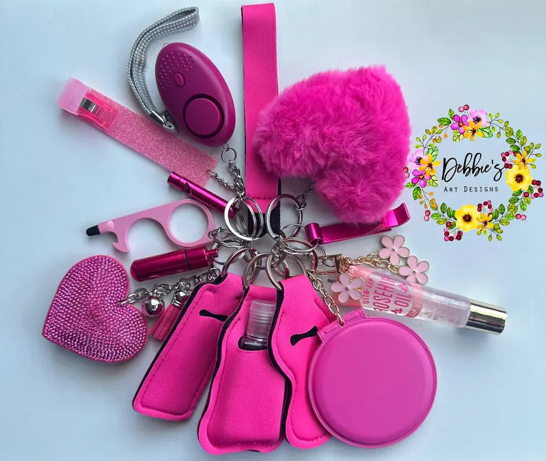 Hot Pink Safety Defense Keychain Set-Wristlet-Heart Pom-Mirror-Bling Heart-Alarm-Light-Lip Gloss-Card Grabber-Whistle-No Touch Tool-And More