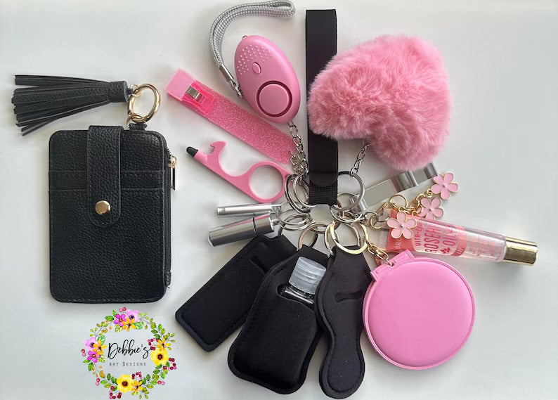 Safety keychains, defense, wristlet, accessories, wallet, heart Pom Pom, led light alarm, lip gloss, card grabber, mirror, etc, black pink