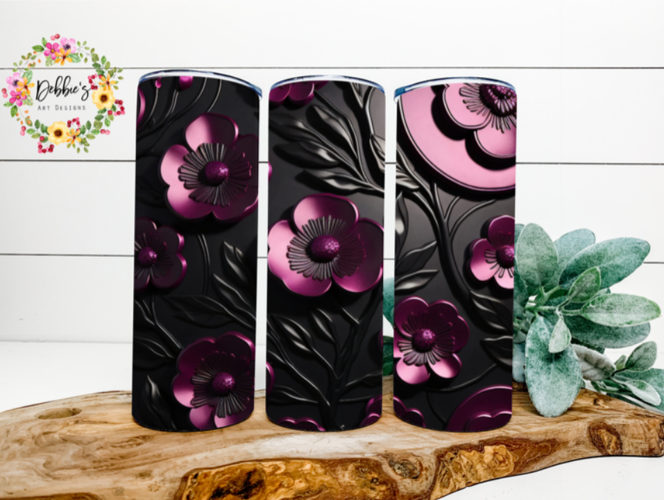 3D Black Pink/Purple Floral | 20oz Tumbler