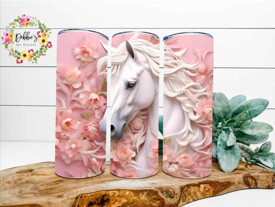 3D White Horse | Pink Floral | 20oz Tumbler