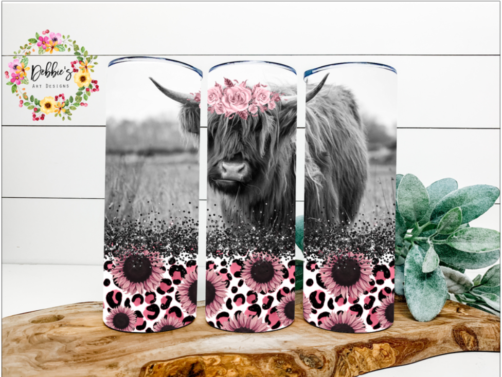 Pink Black and White Highland Cow | 20oz Tumbler