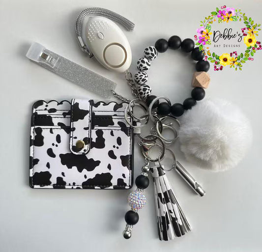 Cow print, Safety keychains, defense, beaded wristlet, accessories, wallet, led light alarm, whistle, card grabber and more, black & white, silver accessories