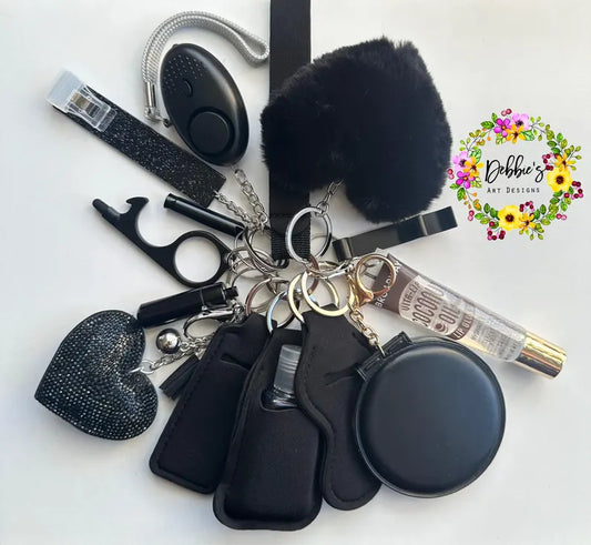 Black Safety Defense Keychain Set-Wristlet-Heart Pom-Mirror-Bling Heart-Alarm-Light-Lip Gloss-Card Grabber-Whistle-No Touch Tool-And More