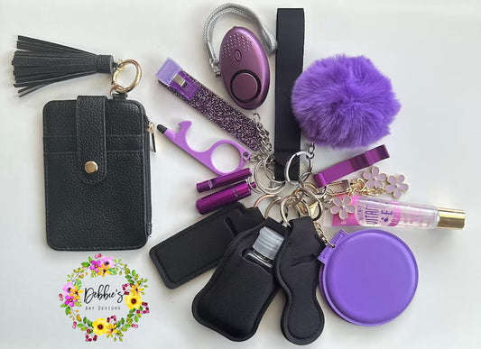 Safety keychains, defense, wristlet, accessories, wallet, heart Pom Pom, led light alarm, lip gloss, card grabber, mirror, etc, black purple
