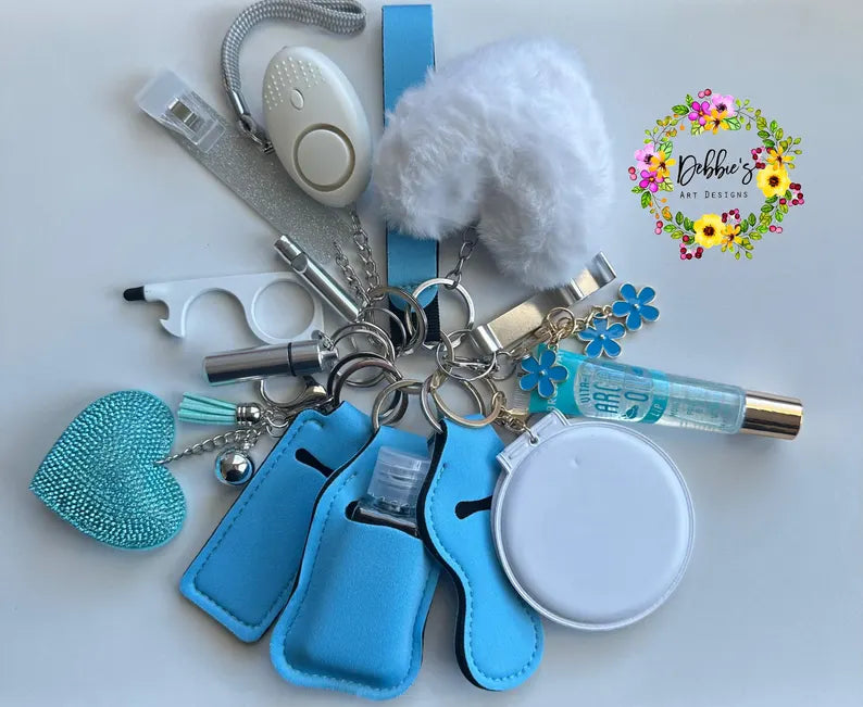 Blue white Safety Defense Keychain Set-Wristlet-Heart Pom-Mirror-Bling Heart-Alarm-Light-Lip Gloss-Card Grabber-Whistle-No Touch Tool-And More