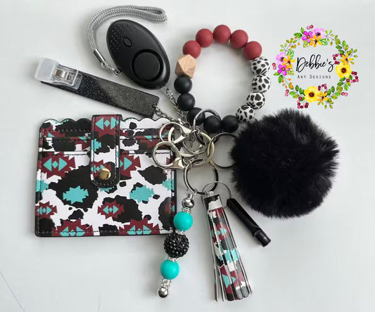 Western cow print, Safety keychains, defense, beaded wristlet, accessories, wallet, led light alarm, whistle, card grabber and more, black white teal