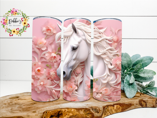 3D White Horse | Pink Floral | 20oz Tumbler