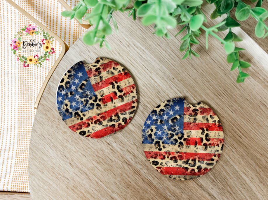 American Flag W/ Leopard | Car Coasters