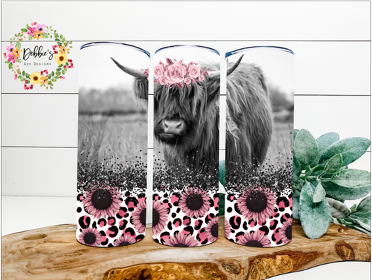 Pink Black and White Highland Cow | 20oz Tumbler